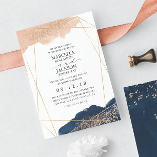 Convite Casamento Rosa Choque, Dourado e Azul Marinho