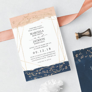Convite Casamento Rosa Choque, Dourado e Azul Marinho