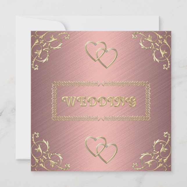 Convite Casamento Rosa com Corações de Ouro (Frente)