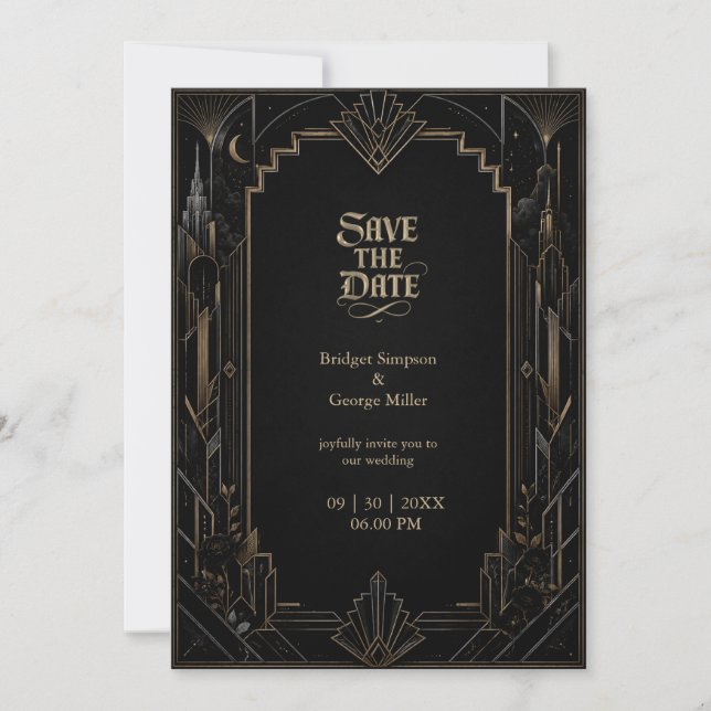Convite Casamento Rosa com Paisagem Art Déco Gótica (Frente)