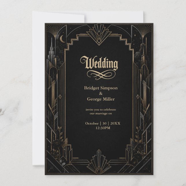 Convite Casamento Rosa com Paisagem Art Déco Gótica (Frente)