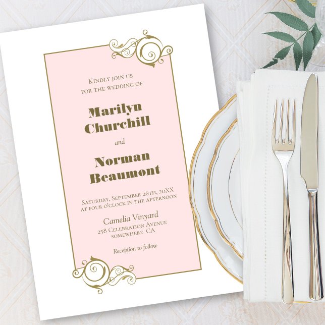 Convite Casamento Rosa Cor-de-Quadro Dourado Moderno (Criador carregado)