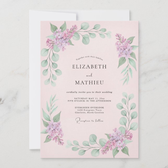 Convite Casamento Rosa Corado Lilás Delicado (Frente)