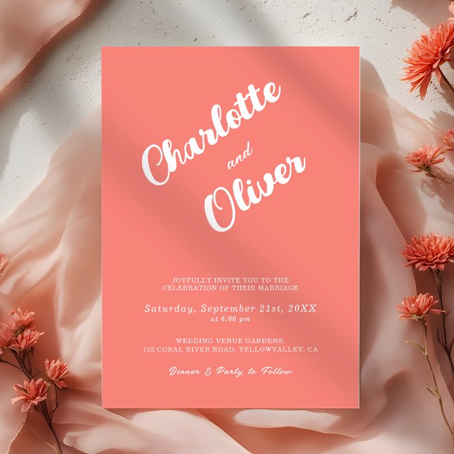 Convite Casamento Rosa Coral Moderno em Script (Criador carregado)