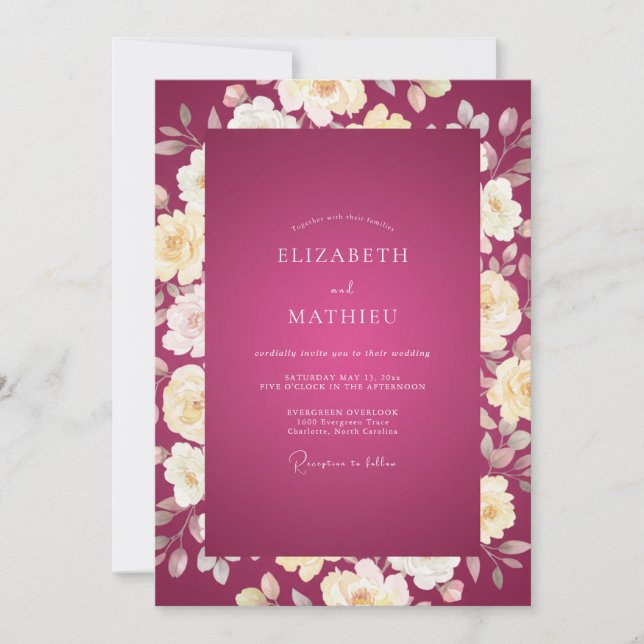 Convite Casamento Rosa Creme Magenta (Frente)