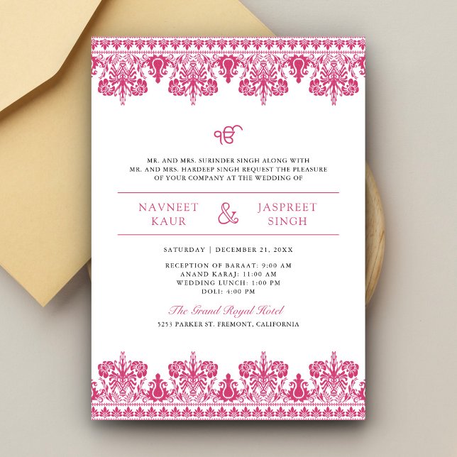 Convite Casamento Rosa Damask Border Anand Karaj Sikh (Criador carregado)