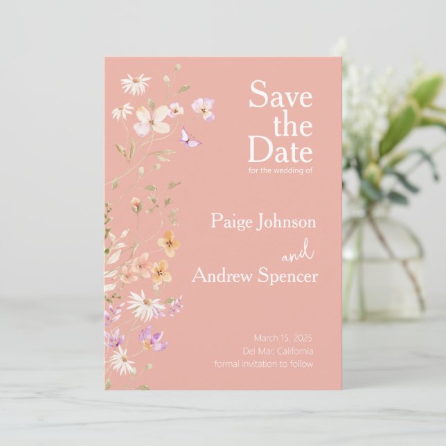 Convite Casamento rosa de flores silvestres Salvar a Data (Em pé/Frente)