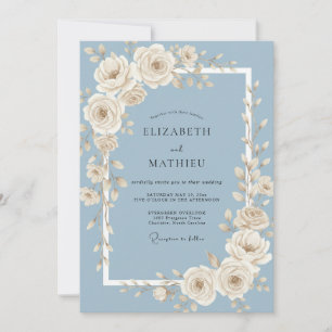 Convite Casamento Rosa de Marfim Azul Aço