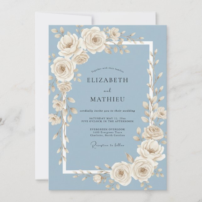 Convite Casamento Rosa de Marfim Azul Aço (Frente)