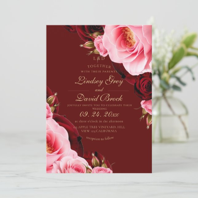 Convite Casamento Rosa Divina Moderna Vermelha Enrubescida (Em pé/Frente)