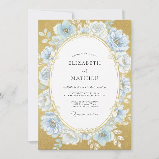 Convite Casamento Rosa Dourada Azul Pó (Frente)