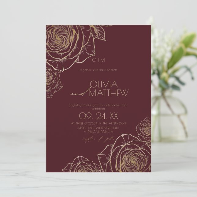 Convite Casamento Rosa Dourada Minimalista Moderno Mal-hum (Em pé/Frente)