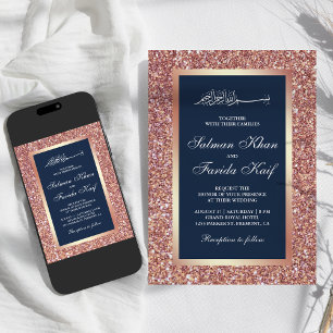 Convite Casamento rosa Dourado de Marinho Luminoso Azul Mu