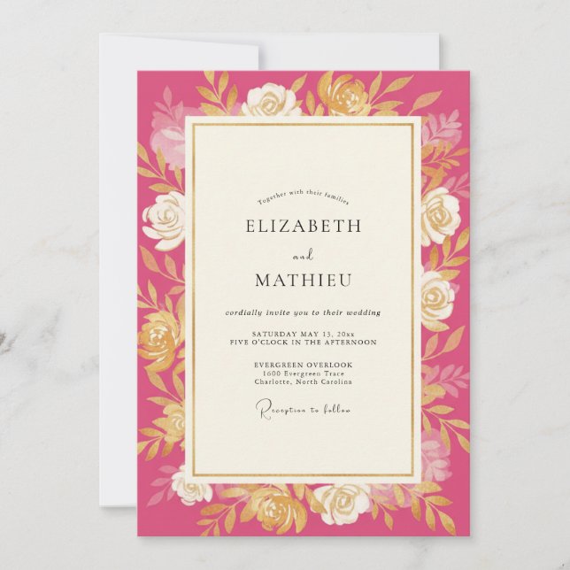 Convite Casamento Rosa Dourado Magenta (Frente)