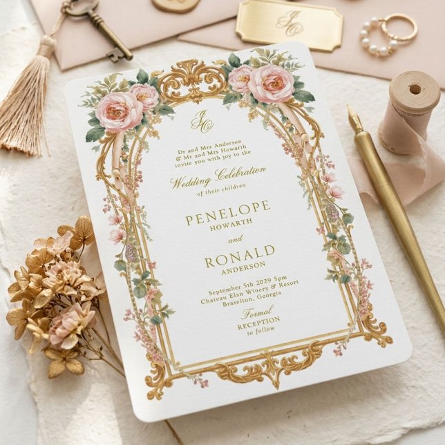 Convite Casamento Rosa Dourado Romântico (Criador carregado)