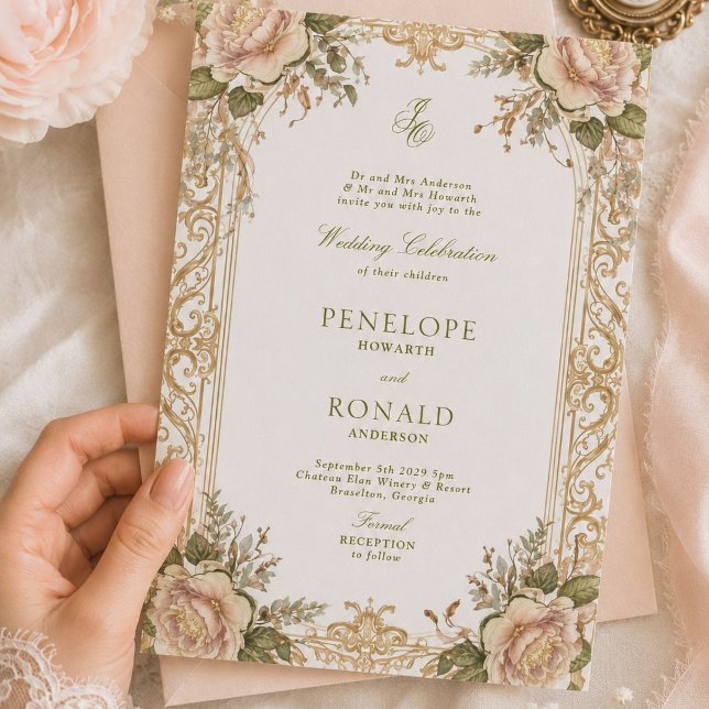 Convite Casamento Rosa Dourado Romântico (Criador carregado)