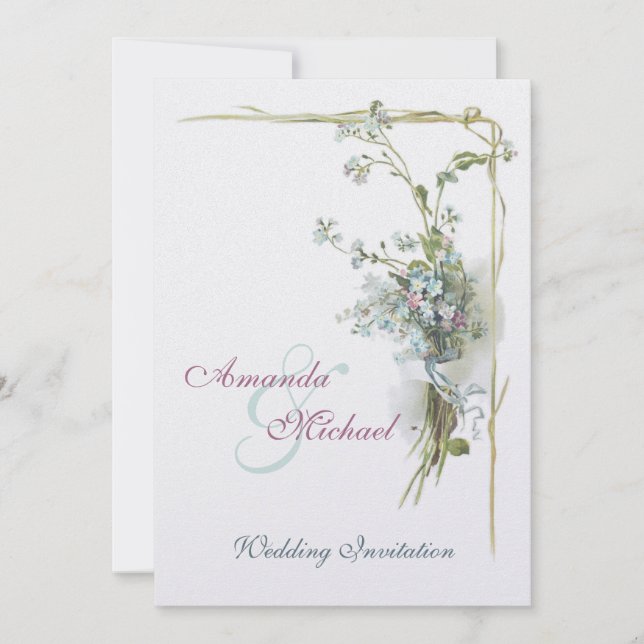 Convite Casamento rosa e azul esqueça-me-nots (Frente)