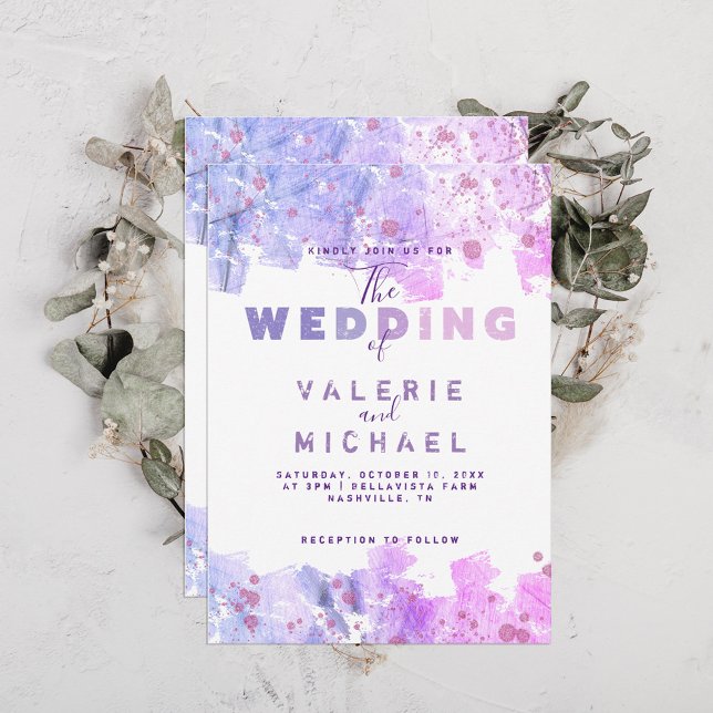 Convite Casamento Rosa e Púrpura, Grunge Artístico Moderno (Criador carregado)