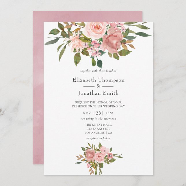 Convite Casamento Rosa e Rosa Esbranquiçado (Frente/Verso)