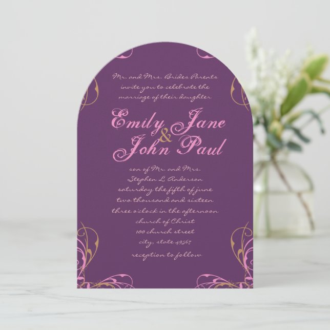 Convite Casamento Rosa e Roxo  (Em pé/Frente)