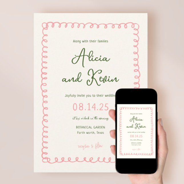 Convite Casamento rosa e verde francês desenhado à mão (Criador carregado)