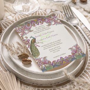 Convite Casamento Rosa e Verde Paisley Peacock