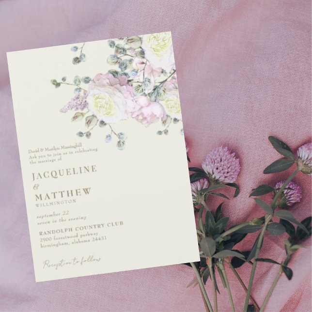 Convite Casamento Rosa Elegante e Peônia Amarela (Criador carregado)