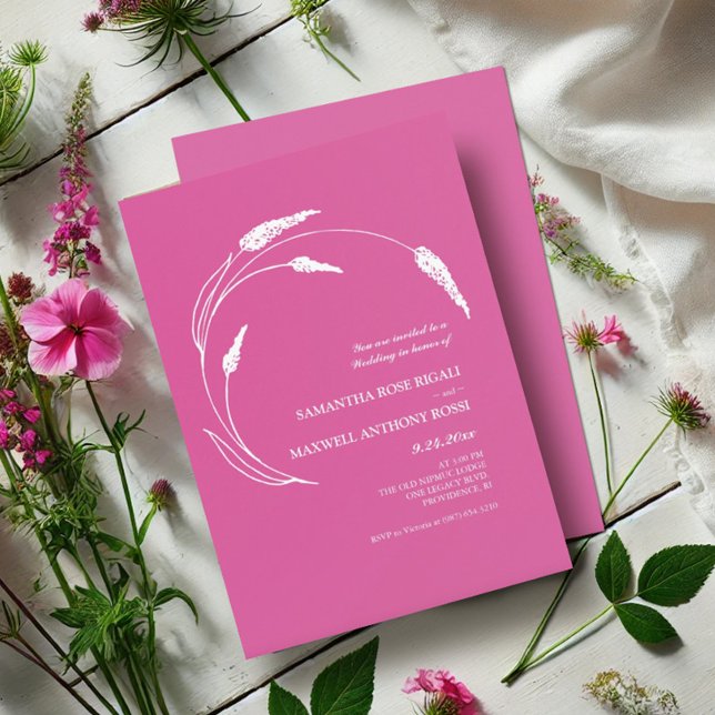 Convite Casamento Rosa Elegante Moderno Fuchsia (Pink floral wedding invitations wildflower line art by Victoria Grigaliunas Do Tell A Belle)