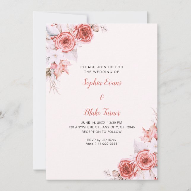 Convite Casamento Rosa Elegante Rústico de Rosas Cor-de-ro (Frente)