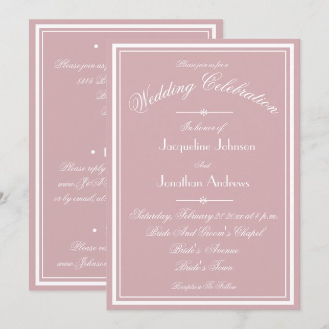 Convite Casamento Rosa Empoeirado Branco Script Tudo Em Um (Frente/Verso)