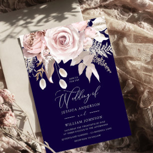 Convite Casamento Rosa Empoeirado Designer Azul-Marinho Pr
