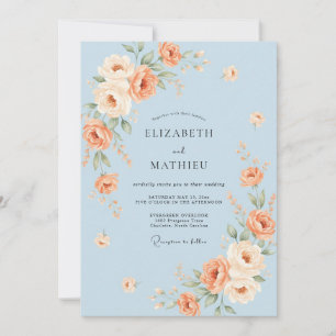 Convite Casamento Rosa Encantador Azul Pálido