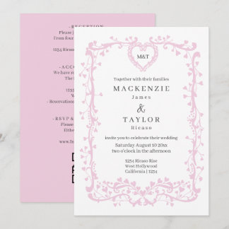 Convite Casamento Rosa Escuro Elegante Moldura Francesa Co
