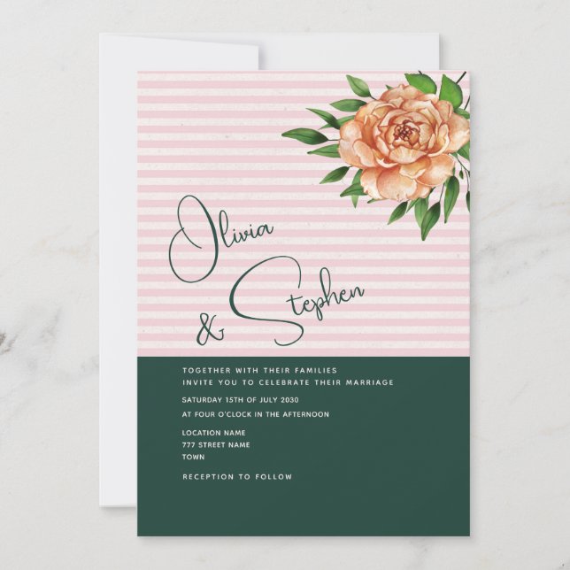 Convite Casamento Rosa Esmeralda Flor de Pêssego (Frente)