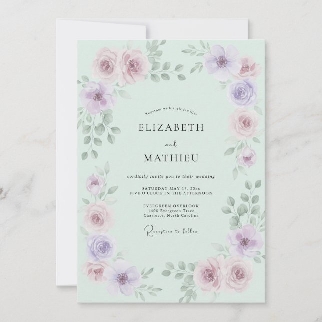Convite Casamento Rosa Etéreo Verde Menta (Frente)