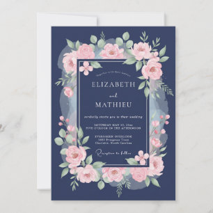 Convite Casamento Rosa Flor Navy