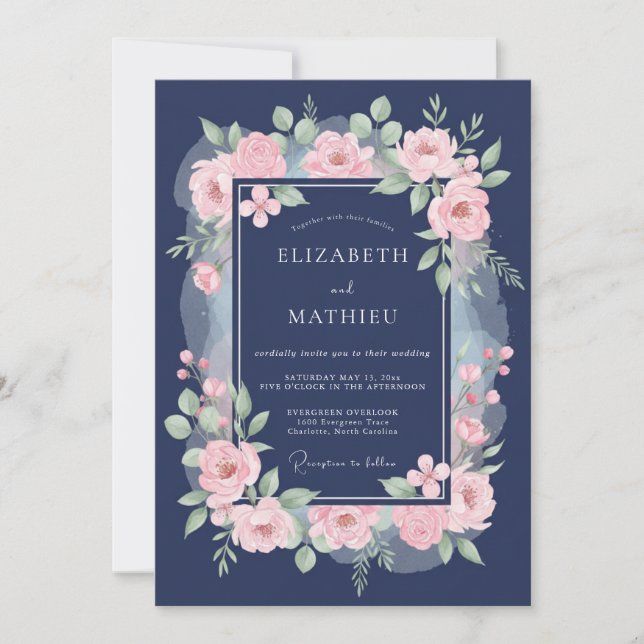 Convite Casamento Rosa Flor Navy (Frente)