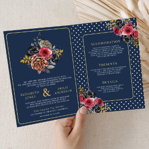 Convite Casamento Rosa Floral Borgonha Tudo em Um Azul Mar