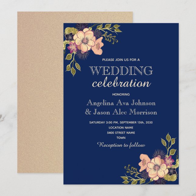 Convite Casamento Rosa Floral Dourado Marinho (Frente/Verso)