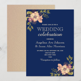Convite Casamento Rosa Floral Dourado Marinho