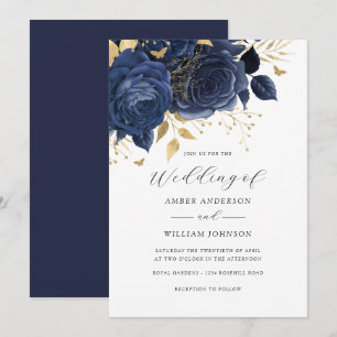 Convite Casamento Rosa Floral Dourado Marinho