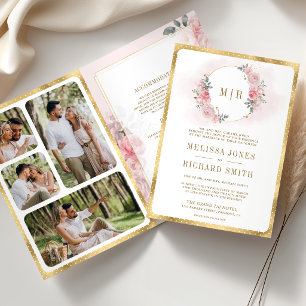Convite Casamento Rosa Floral Dourado Suave Tudo em Um