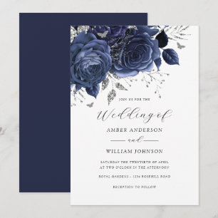 Convite Casamento Rosa Floral Prata Marinho