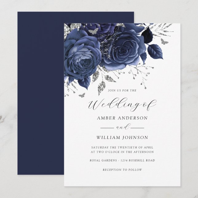 Convite Casamento Rosa Floral Prata Marinho   (Frente/Verso)