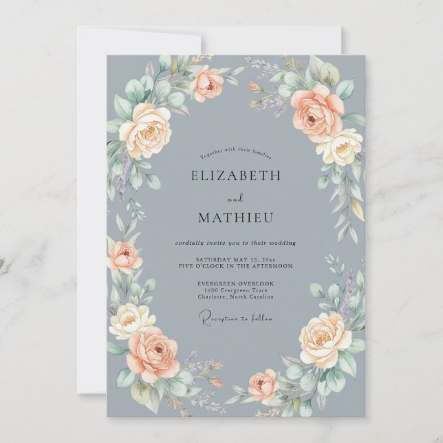 Convite Casamento Rosa Gracioso Azul Ardósia (Frente)