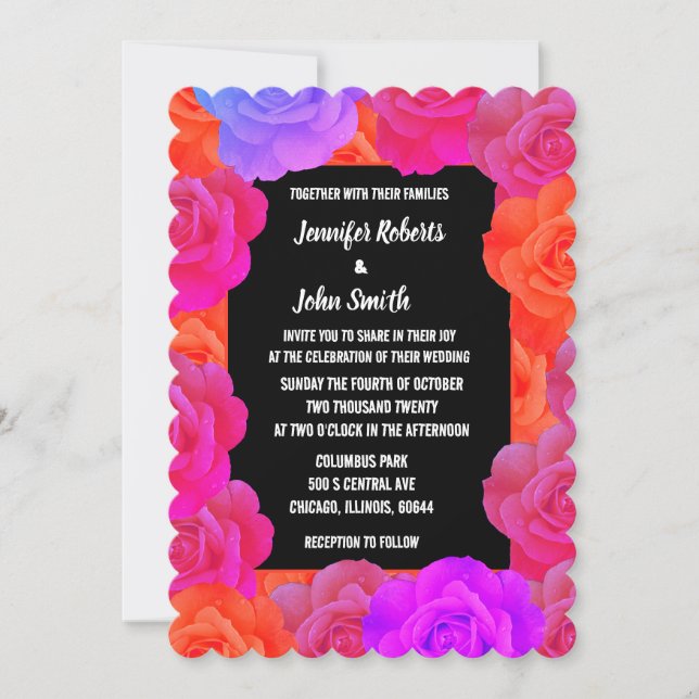 Convite Casamento Rosa Laranja Floral Roxo Código QR Rosa (Frente)