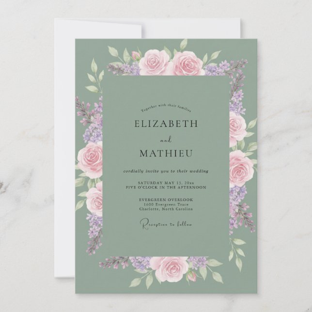 Convite Casamento Rosa Lilás Celadon (Frente)