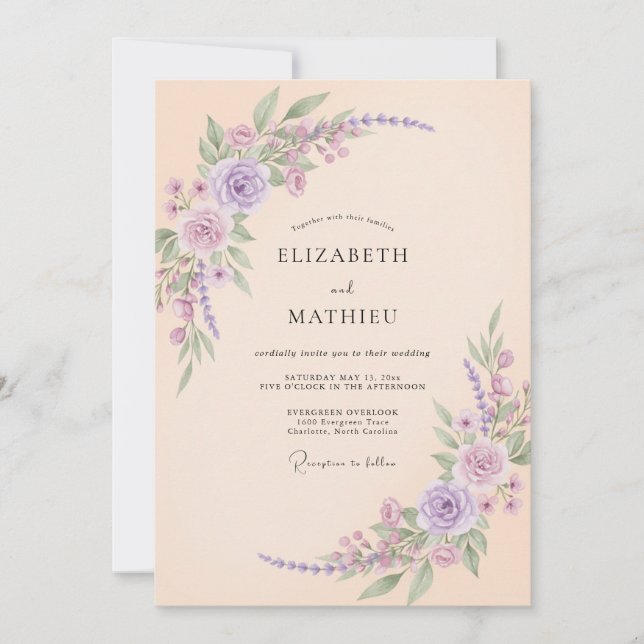 Convite Casamento Rosa Lilás Champanhe (Frente)