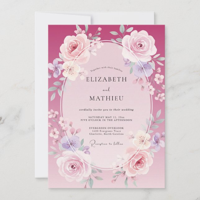 Convite Casamento Rosa Lilás Magenta (Frente)