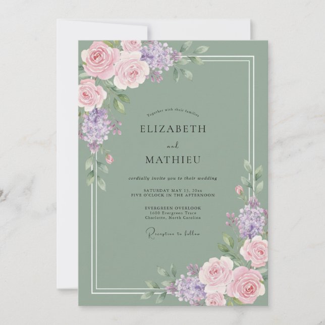 Convite Casamento Rosa Lilás Oliva (Frente)